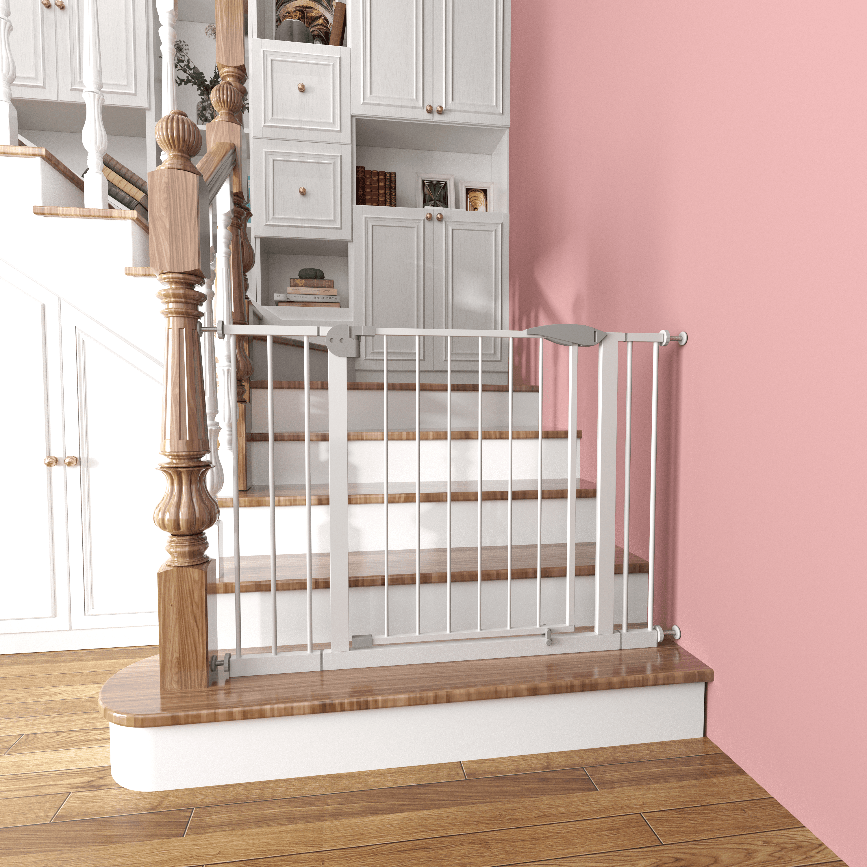 29.5-45.3 Wide Baby Gate For Stairs, Dog Gate Indoor For Doorways, No Drilling Pressure Mounted Pet Gates For Kids, Easy Walk Through Safety Gate, White
