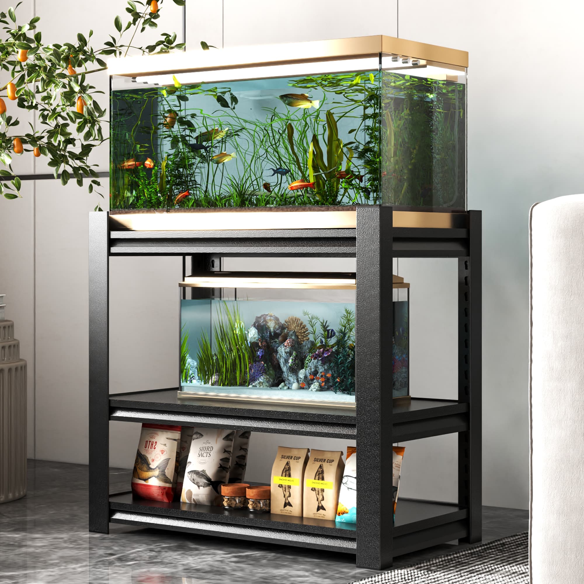 20-30 Gallon Fish Tank Stand - Metal Aquarium Stand, 34 W X 18 D X 31 H Adjustable Heavy Duty Reptile Tank Stand, Adjustable 3-Tier Fish Tank Rack Shelf For Home Office, Tank Not Included