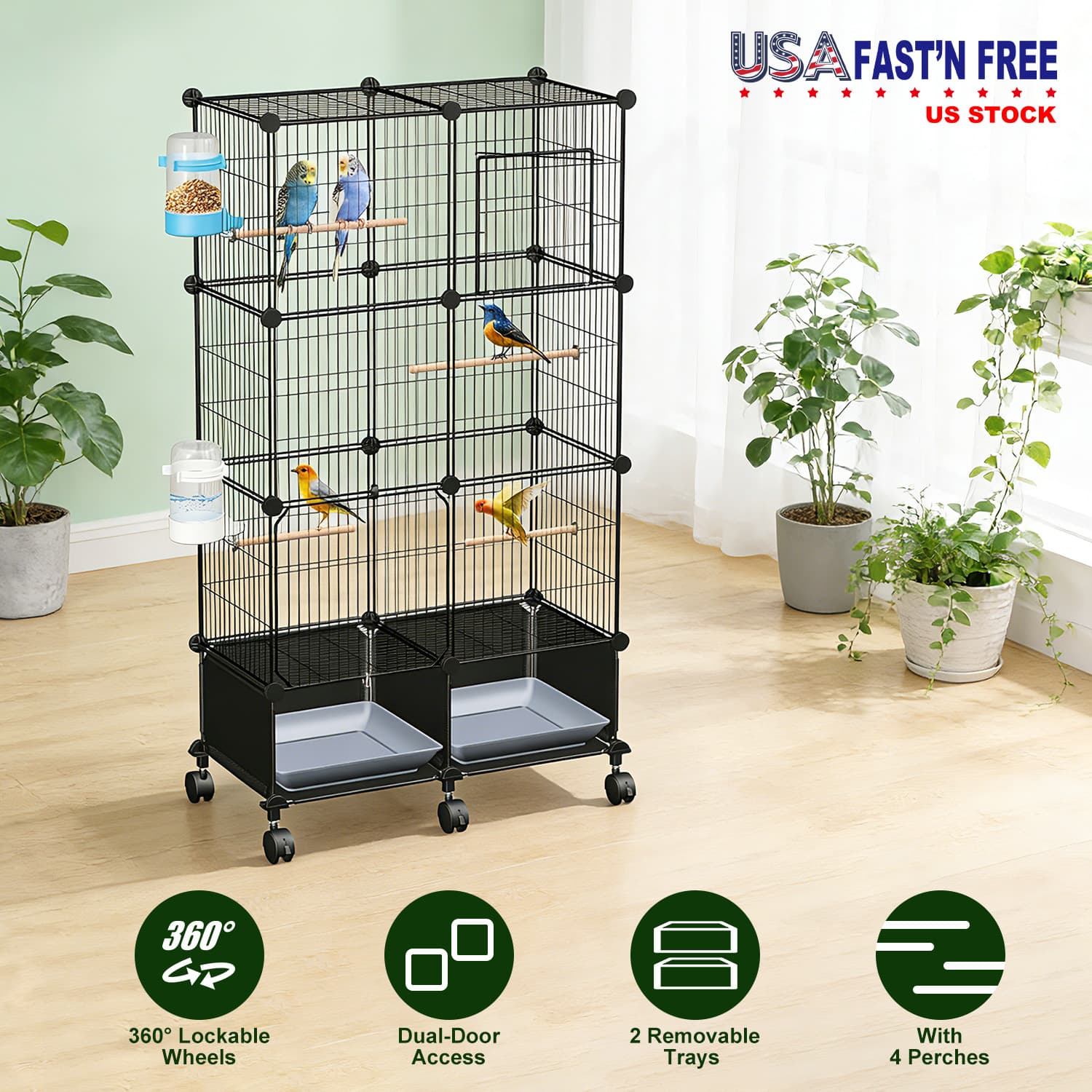 1Pc  46in Bird Cage Spacious Indoor Pet Bird House With 4 Wooden Perches 2 Slide-Out Tray 2 Water Bottle Feeder Lockable Wheels For Parrot Parakeets Cockatiel Lovebird Small Mid-Sized Birds