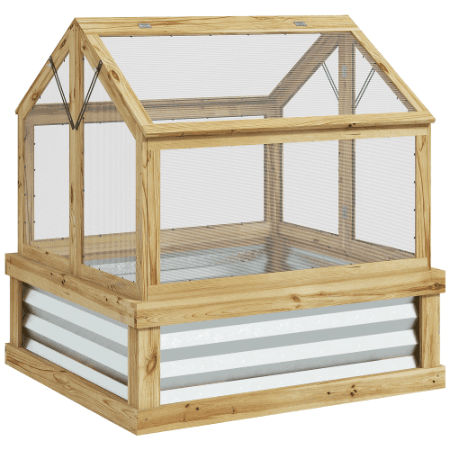 Outsunny Raised Garden Bed With Polycarbonate Greenhouse, Garden Wooden Cold Frame Greenhouse Flower Planter Protection, Peak Roof, 35.5x 31.5 X 36, Natural