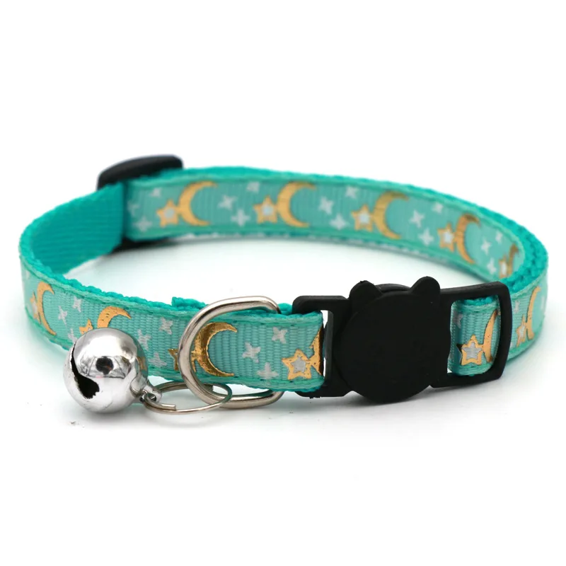 Gold Stars and Moon Cat Collar with Reflective Safety Buckle and Bell