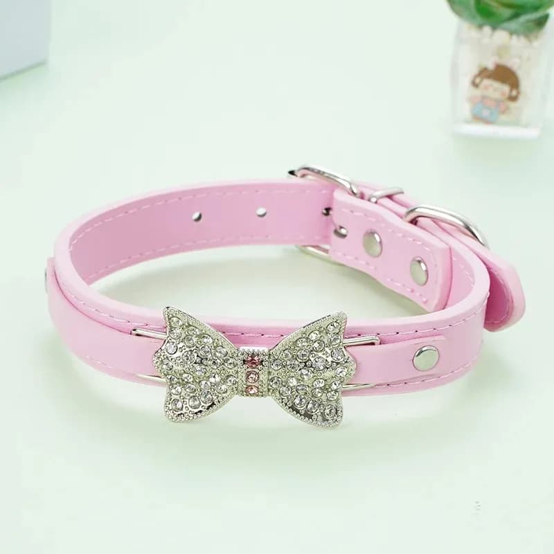 Cute PU Leather Dog Puppy Collar Bling Rhinestone Bowknot Chihuahua Collar for Small Medium Larger Dog XXS-XL Dog Accessories