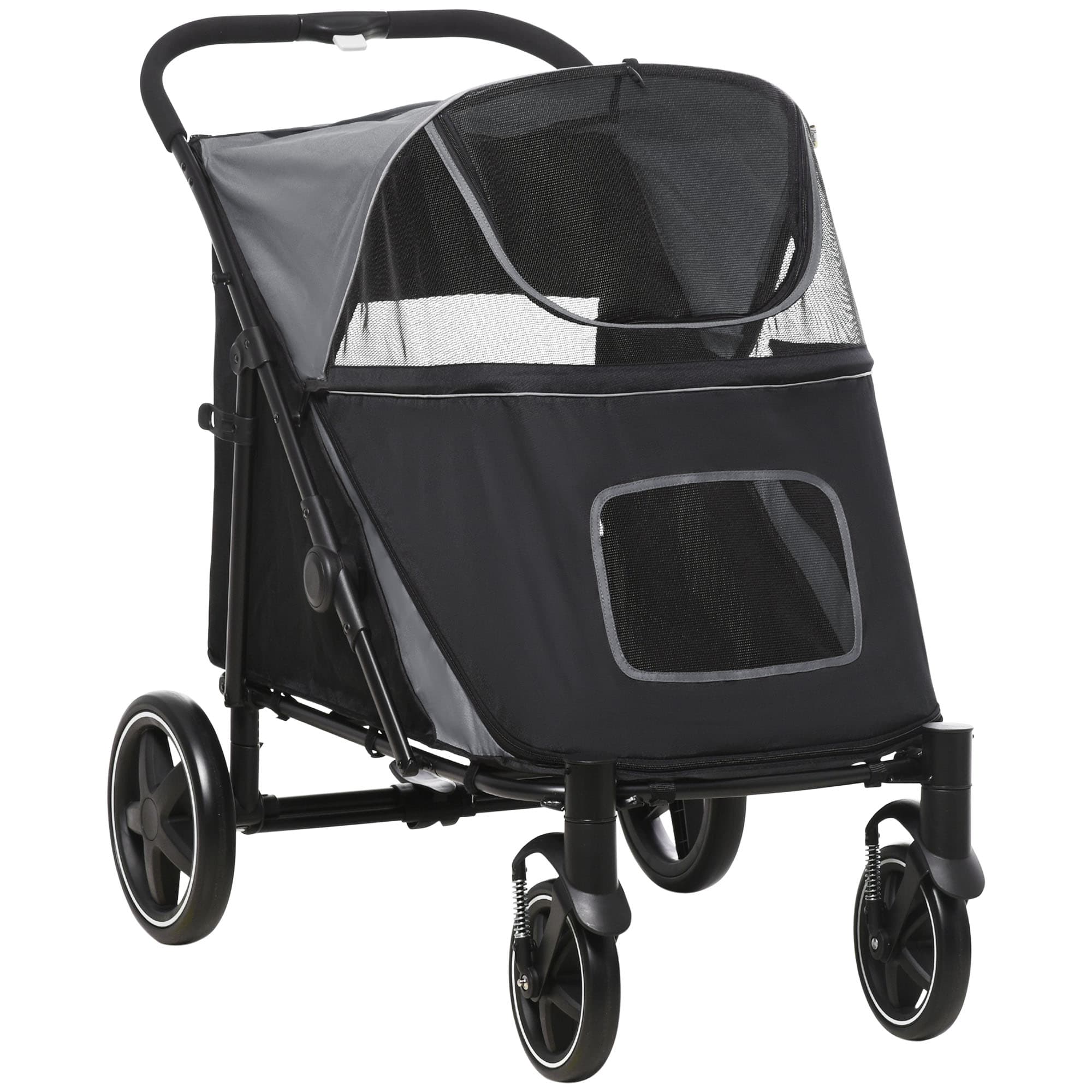 Dog Stroller for Large Medium Small Dogs up to 66 Lbs. 23.5" in Body Length, One-Click Foldable Pet Cat Stroller with Storage, Shock Absorption Wheels, Mesh Window, Safety Leash, Gray