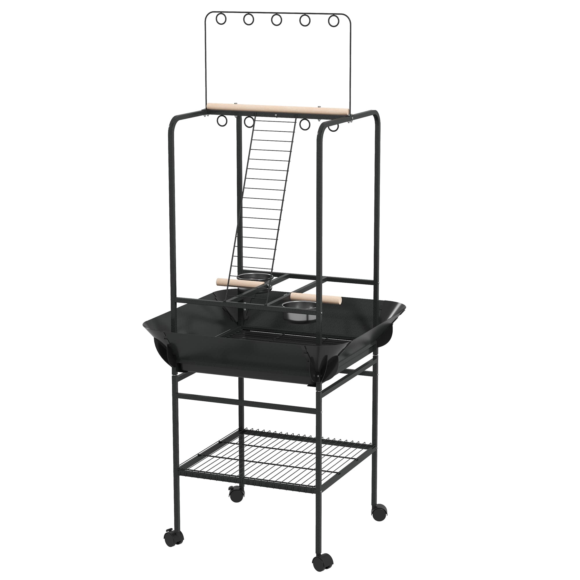 Bird Stand with Wheels, Perches, Stainless Steel Feed Bowls, Pull-Out Tray for Indoor Outdoor Small Parrot, Dark Gray