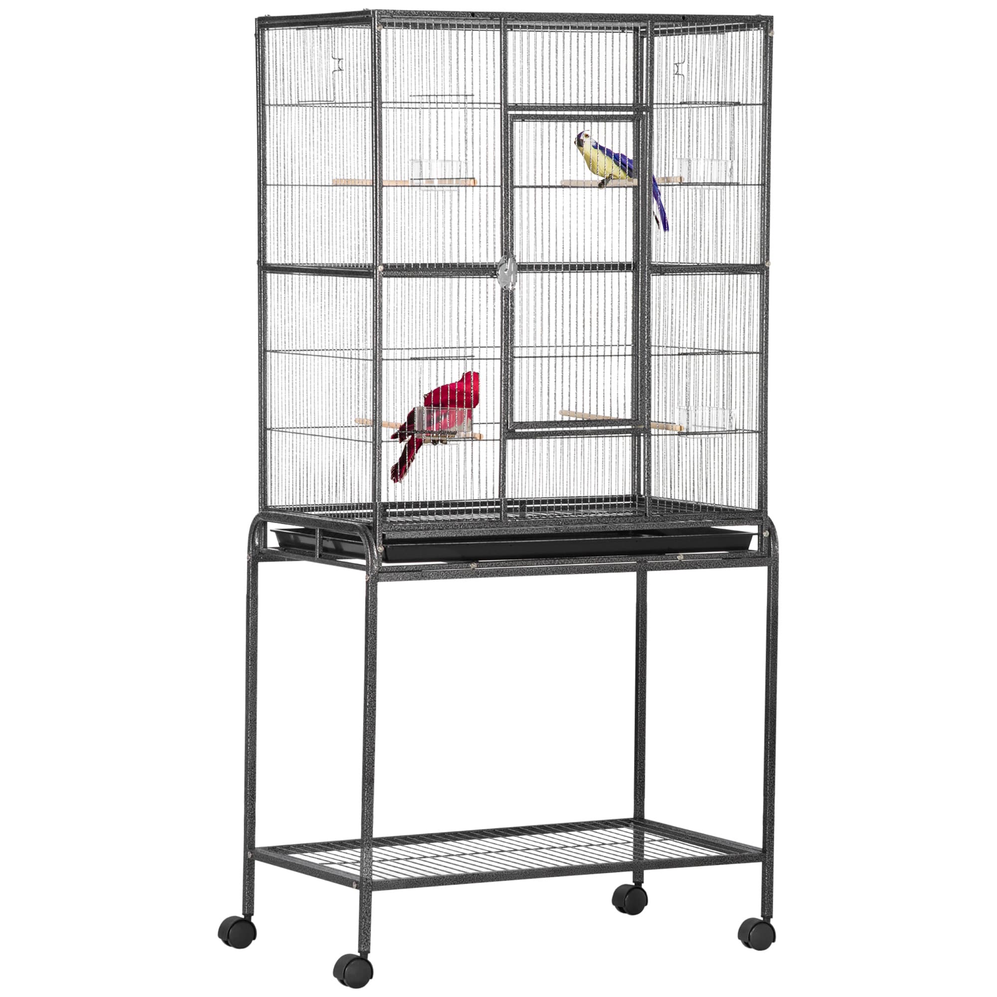 30" Rolling Metal Bird Cage Feeder with Detachable Rolling Stand, Storage Shelf, Wood Perch & Food Container