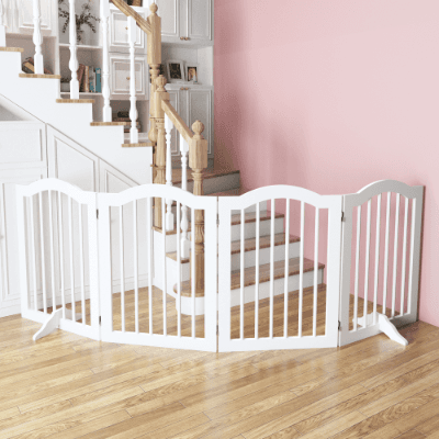 27.6 Height Tall Freestanding Pet Gate, 4 Panels Foldable Dog Gate, Solid Wood Folding Safety Fence Wooden Dog Gate With 2 Pcs Support Feet Ideal For Stairs, Doorways, Halls, Kitchens, Heavy Duty Gat