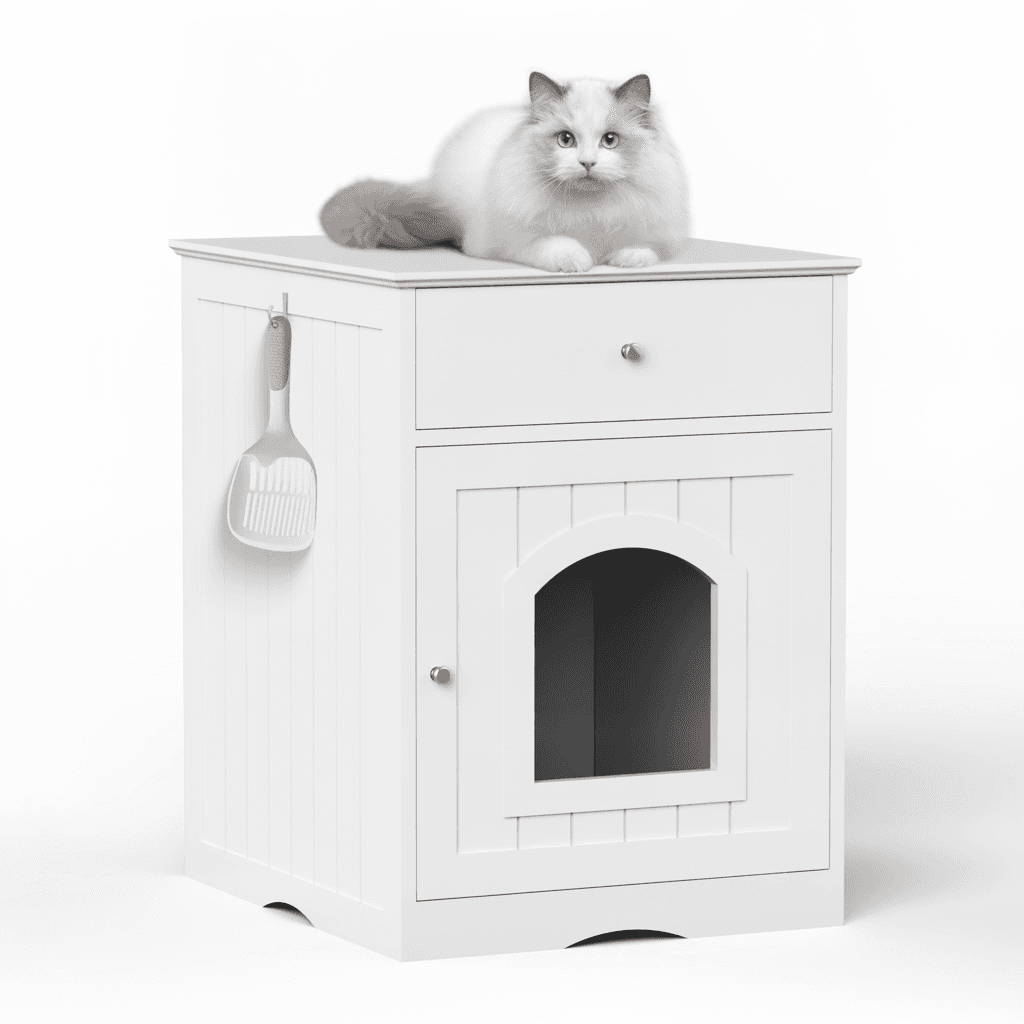 Wooden Pet House Cat Litter Box Enclosure With Drawer, Side Table, Indoor Pet Crate, Cat Home Nightstand White